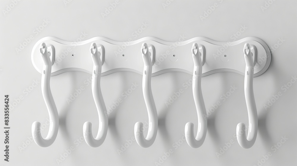 White wall-mounted coat rack with five hooks in a minimalist design. Home organization, storage solution, modern interior, simple design White wall-mounted coat rack with five hooks in a minimalist design. Home organization, storage solution, modern interior, simple design