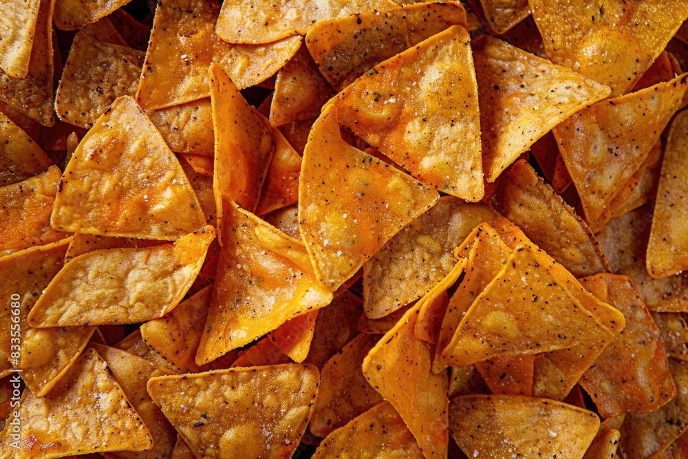 Close Up of Crunchy Triangle Tortilla Chips with Seasoning on Wooden Table Close Up of Crunchy Triangle Tortilla Chips with Seasoning on Wooden Table