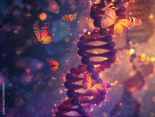  Colorful digital art of butterflies and DNA helix symbolizing transformation, genetics, and science with a glowing, ethereal background photo