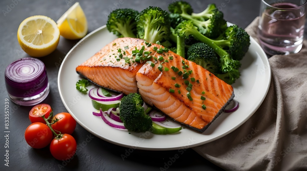 grilled salmon steak with vegetables Generative Ai grilled salmon steak with vegetables Generative Ai