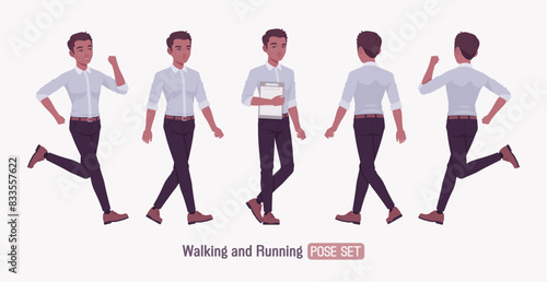 Successful handsome young man set run, walk pose. Positive confident dark skin professional business man startup leader, entrepreneur, corporate project owner, formal wear, shirt. Vector illustration
