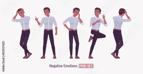 Confused frustrated handsome young man set pose. Upset failed angry dark skin professional business man startup leader, entrepreneur, corporate project owner, formal wear, shirt. Vector illustration