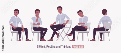 Successful handsome young man set chair sit pose. Positive confident dark skin professional business man startup leader, entrepreneur, corporate project owner, formal wear, shirt. Vector illustration
