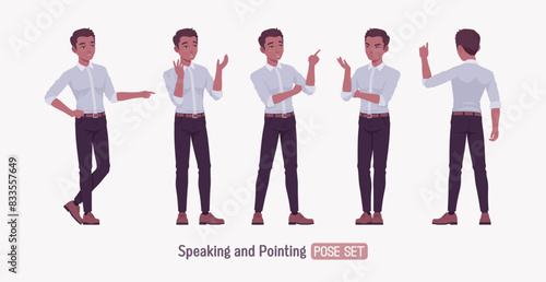Successful handsome young man set coach speaker pose. Positive confident dark skin professional business man startup leader, entrepreneur, corporate project owner in formal wear. Vector illustration