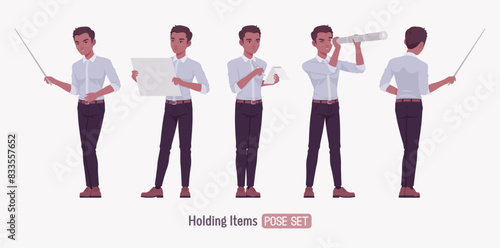Successful handsome young man set leader coach mentor talk pose. Positive confident dark skin business man startup leader, entrepreneur, corporate project owner in formal wear. Vector illustration