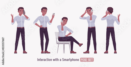 Successful handsome young man set talking on phone pose. Positive confident dark skin professional business man startup leader, entrepreneur, corporate project owner formal wear. Vector illustration © andrew_rybalko