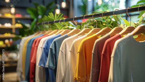 vibrant boutique fashion store with a variety of clothing items neatly arranged on wooden hangers. The clothes range in colors from whites and blues to reds and yellows © AhmadTriwahyuutomo