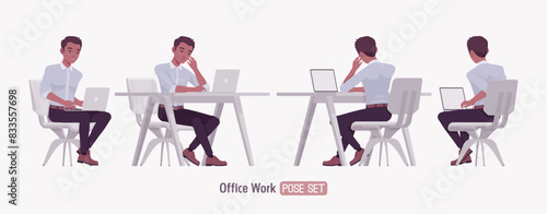 Successful handsome young man set laptop work desk pose. Positive confident dark skin professional business man startup leader, entrepreneur, corporate project owner formal wear. Vector illustration
