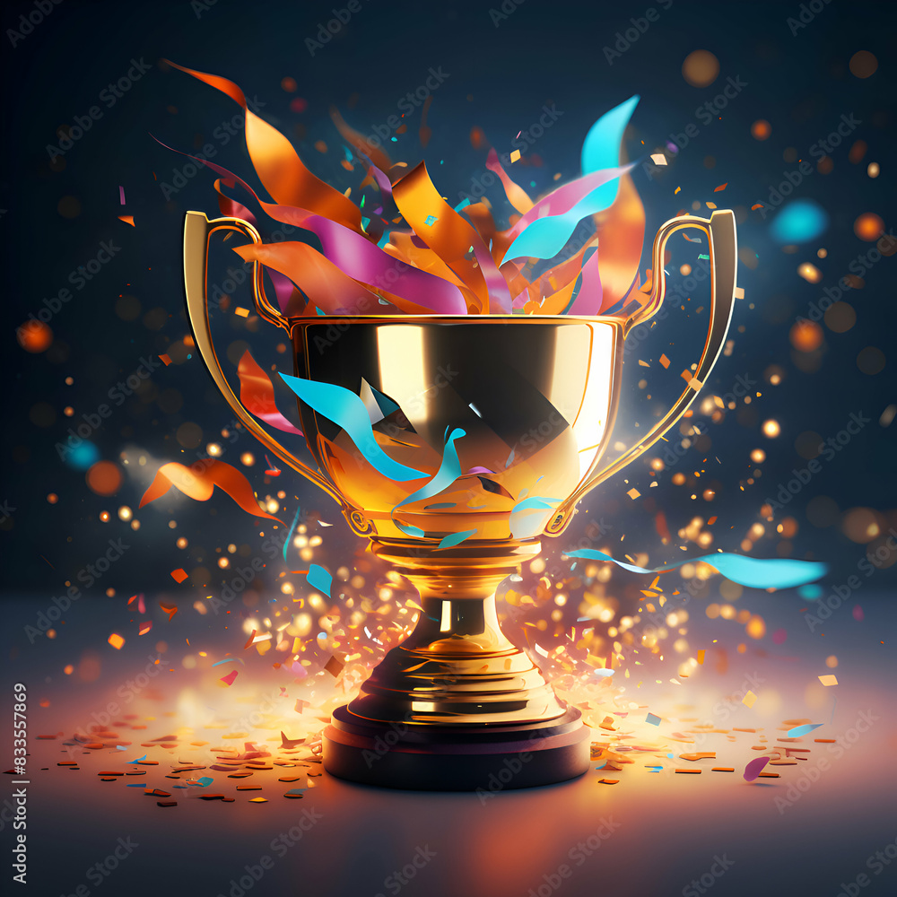 Trophy cup with colorful confetti on dark background. 3D rendering Trophy cup with colorful confetti on dark background. 3D rendering