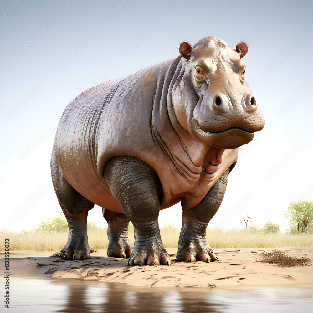 Fototapeta premium Hippopotamus standing in the mud on a sunny day.