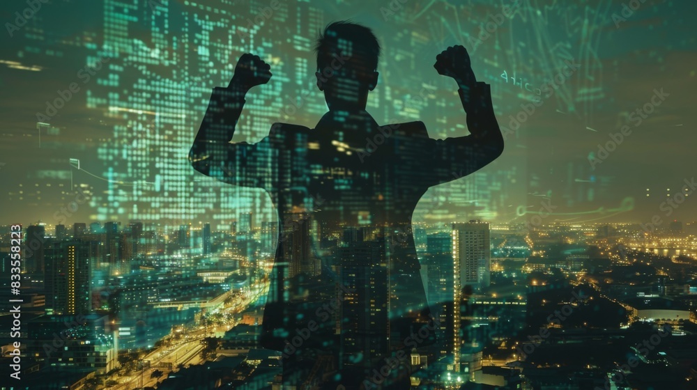 Back view of a happy businessman raising his hand into a fist, in double exposure silhouette, with a view of the city in the background. Back view of a happy businessman raising his hand into a fist, in double exposure silhouette, with a view of the city in the background.