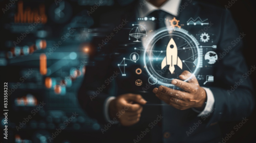 Businessman with digital interface with rocket startup, graph, diagram. Dark background Businessman with digital interface with rocket startup, graph, diagram. Dark background