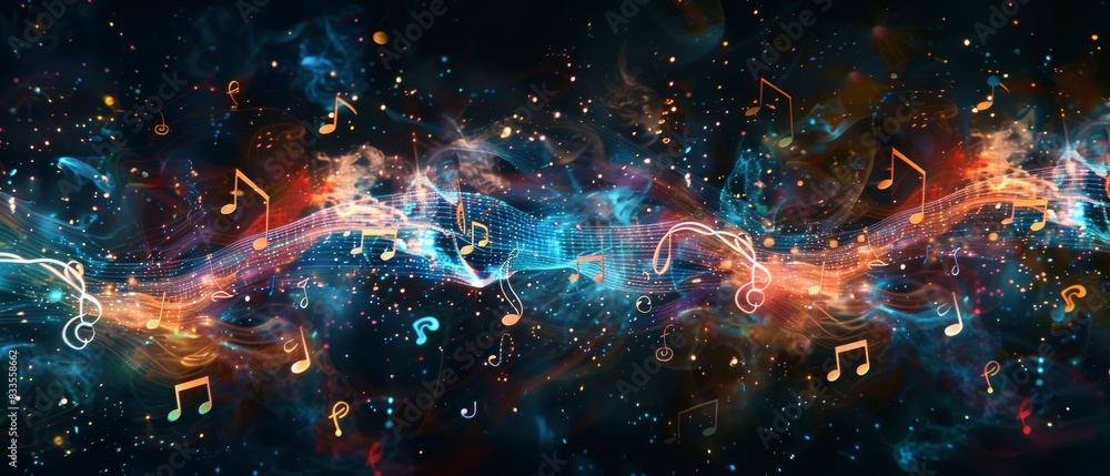 Abstract background of holographic musical notes and soundwaves with bokeh effect. Abstract background of holographic musical notes and soundwaves with bokeh effect.