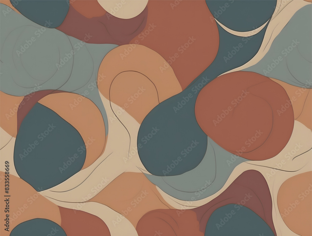 Mid-century modern geometric shapes. This seamless pattern features a dynamic arrangement of circles and waves that create a sense of movement and texture Mid-century modern geometric shapes. This seamless pattern features a dynamic arrangement of circles and waves that create a sense of movement and texture