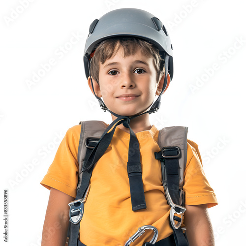 School boy preparing for zipline adventure. happy active child put safety helmet on head. summer fun with climbing in mountains isolated on white background, photo, png  © Anton