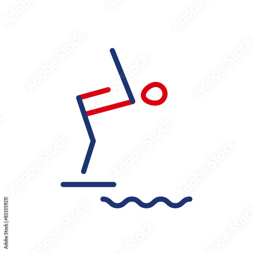 Outline icon of a diver preparing to dive into the water. Vector icon of an athlete performing a jump. Flat icon, pictogram. Sport competitions.
