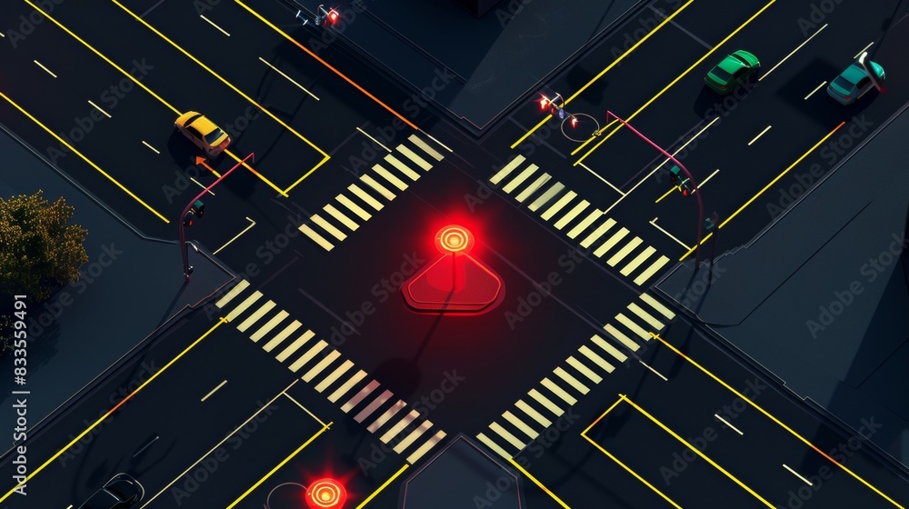 illustration of intersection of two streets with a red stop light at the intersection on black background illustration of intersection of two streets with a red stop light at the intersection on black background