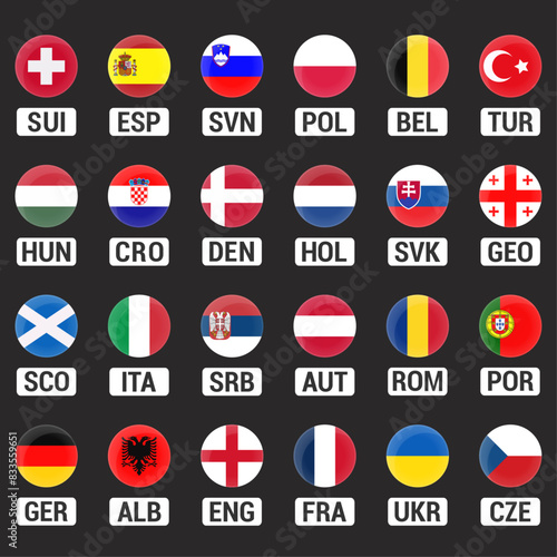 National football teams with glassy round flag icons and country codes