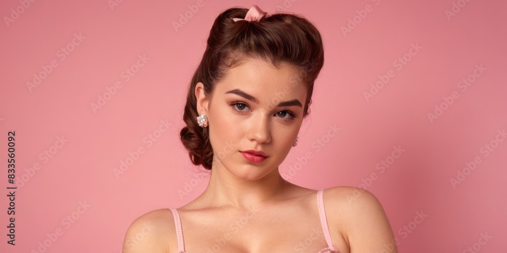 Portrait of beautiful young woman on pink background. Retro pin up style. Generative AI