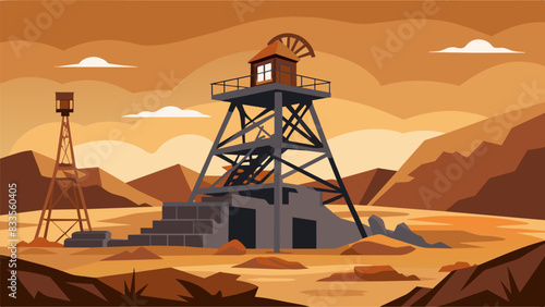 The rusty remains of a mining drill tower over the abandoned site its imposing figure a testament to past industry.. Vector illustration
