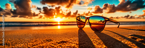 Wallpaper Mural A pair of sunglasses resting on a sandy beach at sunset, with the warm glow of the setting sun casting long shadows and creating a serene atmosphere. Torontodigital.ca