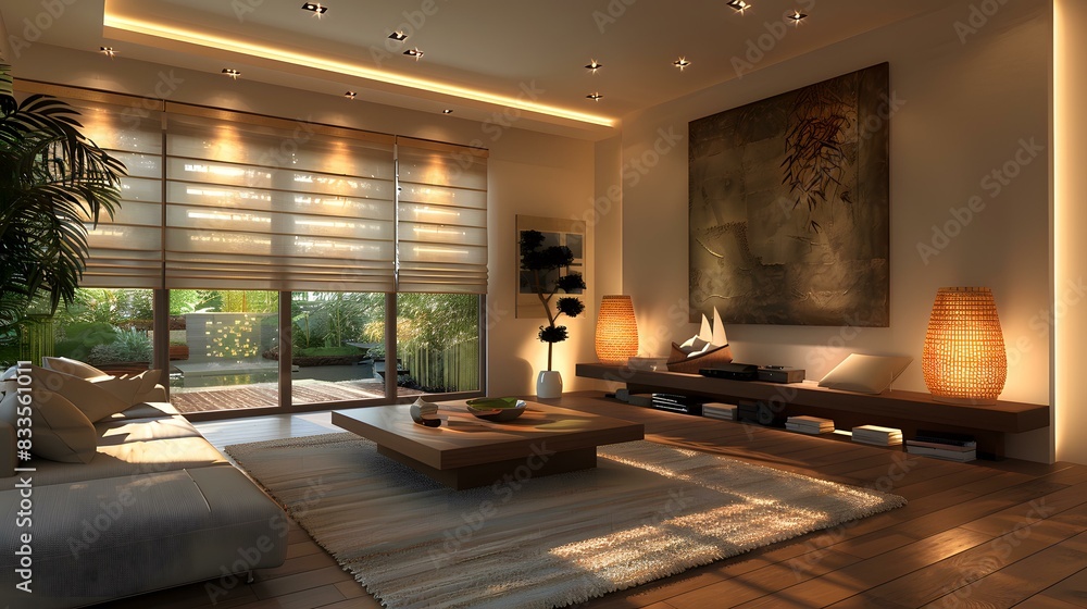 Fototapeta premium An Asian style living room with a large painting of bamboo.
