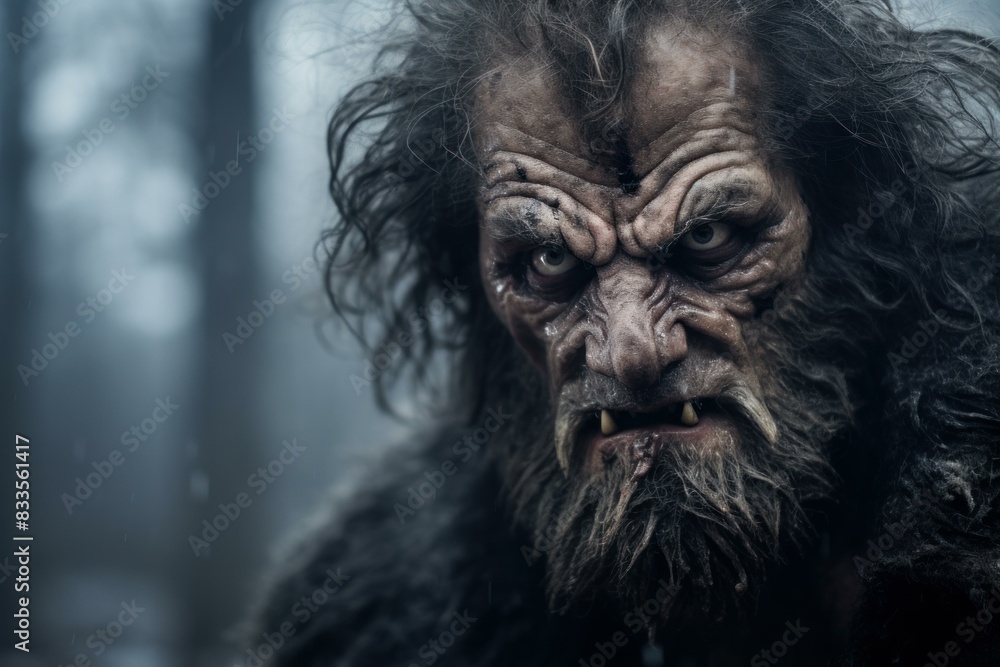 Close-up of a mythical beast with detailed prosthetics in a foggy woodland atmosphere Close-up of a mythical beast with detailed prosthetics in a foggy woodland atmosphere