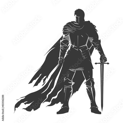 Dark Knight: Silhouette of Armored Warrior with Tattered Cloak Holding Sword