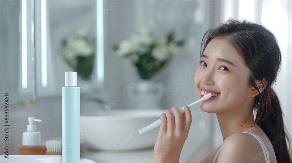 advertising photo. a beautiful Chinese woman brushes her teeth, toothpaste mockup advertising photo. a beautiful Chinese woman brushes her teeth, toothpaste mockup