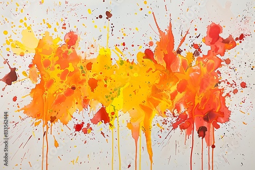 Energetic splatters and energetic drips in shades of orange  yellow  and red create a playful composition reminiscent of fireworks
