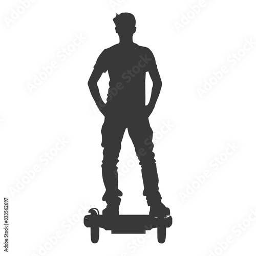 Silhouette: Man with hands in pockets on single-wheeled electric scooter, isolated.