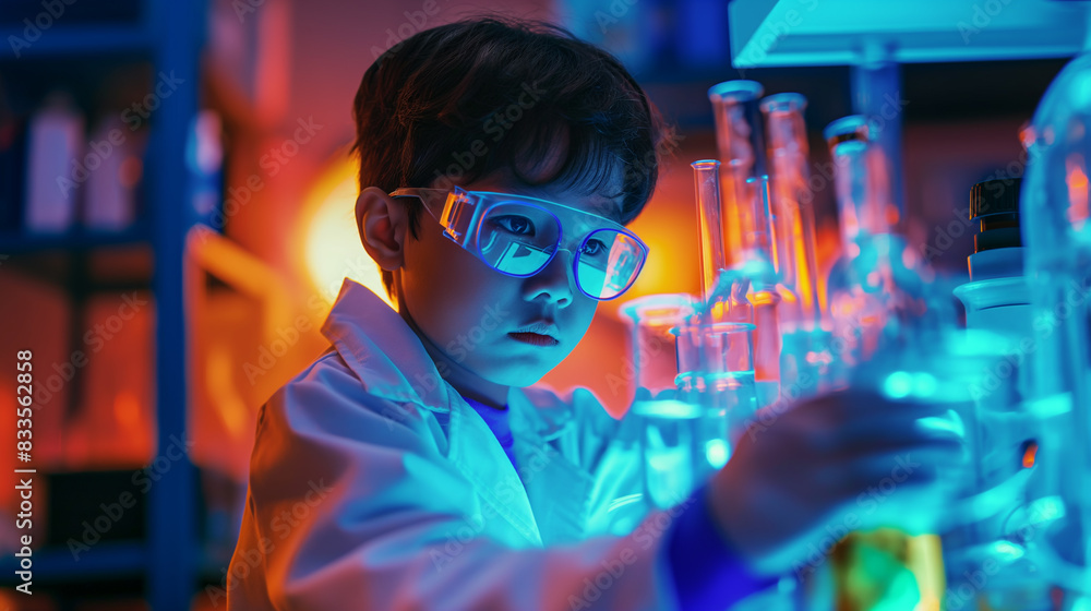 futuristic asian kid scientist in modern scientific lab setting, in the style of darkest academia, wide angle photography, in the style of light teal and orange, futurist dynamic movement , copy space