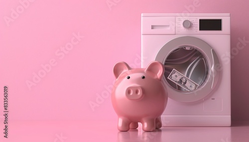 Deceptive Piggy Bank Next to Washing Machine concept of money laundering photo