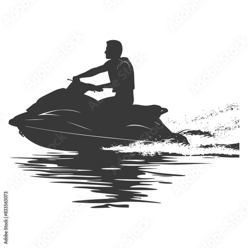 Jet Ski Rider Silhouette: Water Reflection, Isolated White Background.