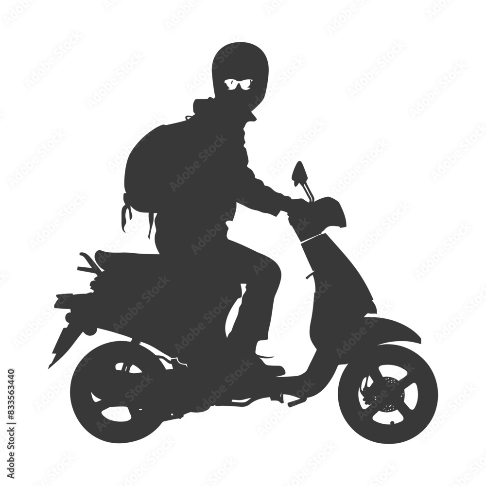 Silhouette man riding scooter full body black color only Silhouette man riding scooter full body black color only