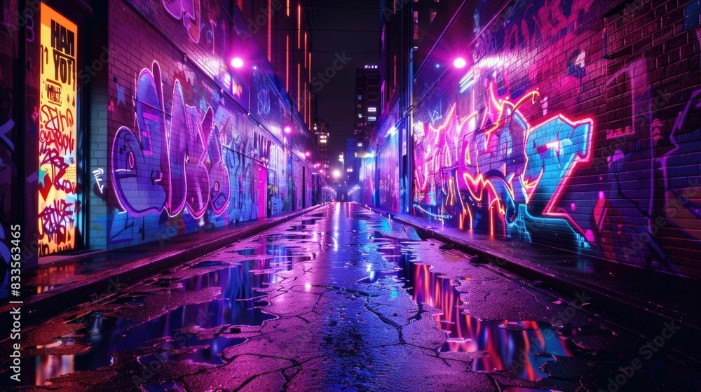 Obraz premium Neon Graffiti Splash Illuminating Dark Alley with Glowing Colors and Sharp Lines Vibrant Urban Street Art Scene with Reflections and Atmospheric Lighting