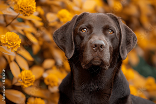 Portrait of Chocolate Labrador Retriever dog outdoors in front of yellow tree in autumn. photo