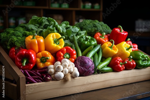 store counter. Farm. Onions  broccoli  cauliflower  lettuce  spinach. in a wooden case. Pine box full of colorful fresh vegetables and fruits   ideal for a balanced diet  contains broccoli  cucumber  
