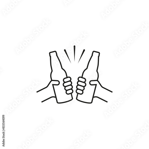 Hands holding beer bottles. Clink, cheers and toasting. Outline vector illustration white background. Two bottles of beer are held in hands. 