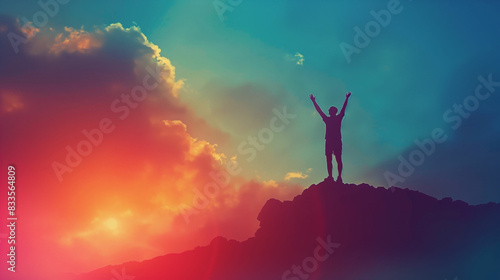 Person celebrating victory on mountain top