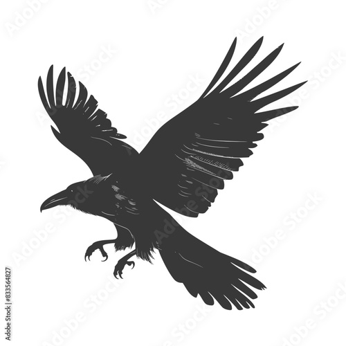 Graphite Raven: Descending Bird, Dark Sketch, Isolated Silhouette.