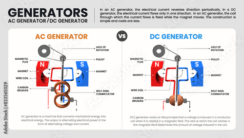AC and DC Generators Understanding Their Working Principles and Processes through Educational Infographics- Vector Design