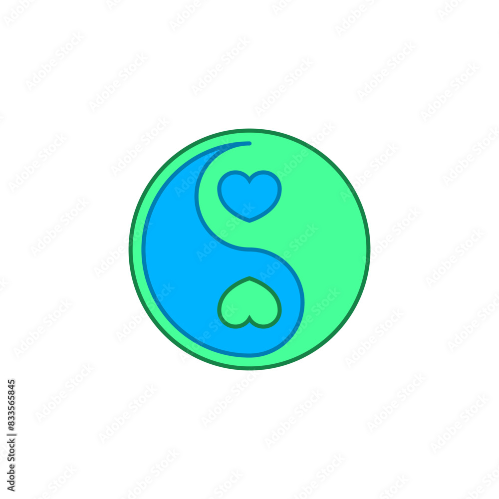 Yin Yang symbol with two hearts inside. Blue and green colors. Vector illustration on a white background. Yin Yang symbol with two hearts inside. Blue and green colors. Vector illustration on a white background.