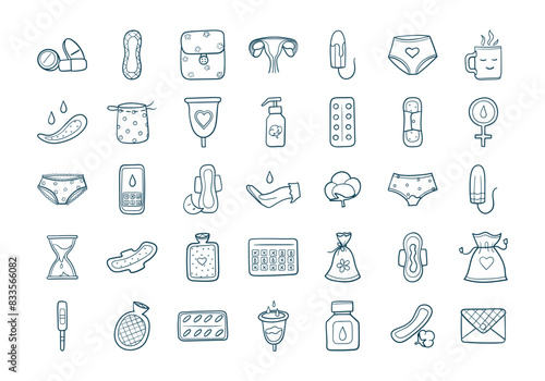 Set of woman's hygiene  menstruation period icons in doodle outline. Feminine products, menstrual protection elements. Tampon, womb, cup, reusable pads and panty. Isolated sketch vector illustration