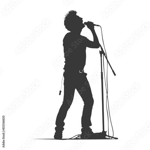 Silhouette Singer: Punk Rocker with Mic, Full-Body Isolated on White.