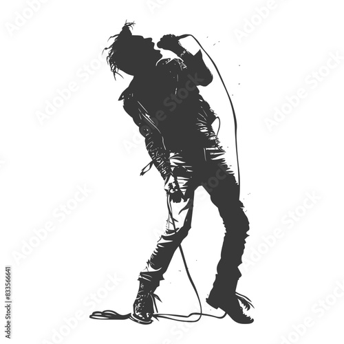 Rock Star Silhouette: Leather Jacket, Microphone, Intense Performance.