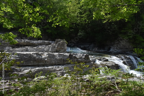 The beautiful waterfall among the rocks on the Sorachi river in Hokkaido Japan