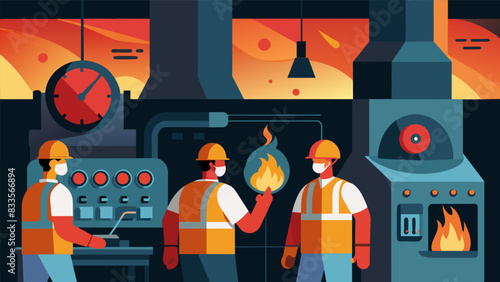 Inside the furnace room workers tend to the intense fires that fuel the thermal power station keeping a close eye on the gauges and dials that control. Vector illustration