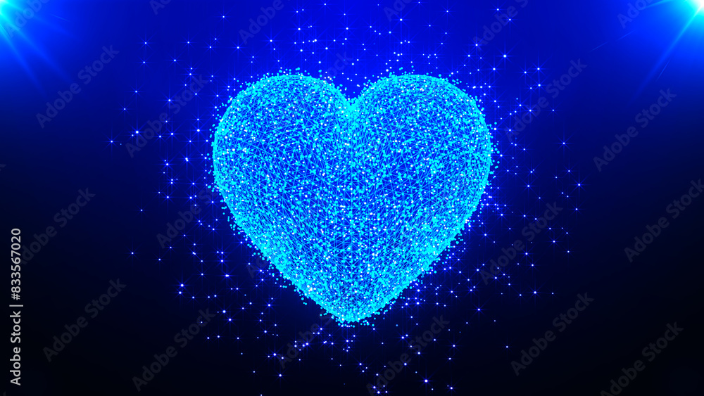 Valentine's day and love animation, glowing particles, rays, Valentine and marriage concept, dark blue gradient background. Happy Valentine's Day background heart. 3d. Valentine's day and love animation, glowing particles, rays, Valentine and marriage concept, dark blue gradient background. Happy Valentine's Day background heart. 3d.