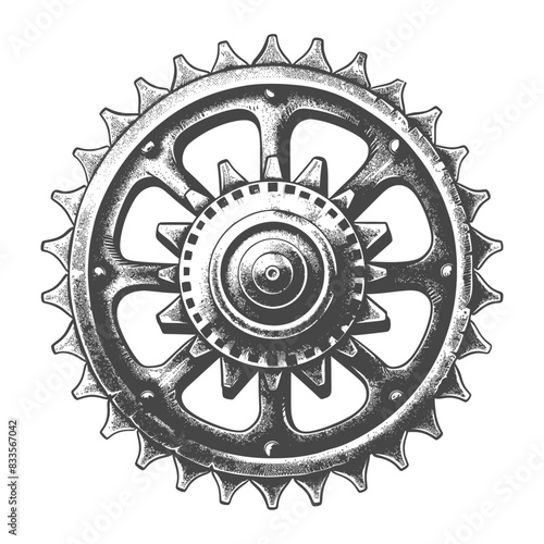 Engraved Sprocket Wheel: Detailed Vintage Machine Part Illustration